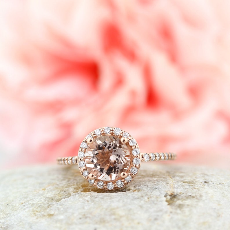 Natural Morganite Ring Set, Diamond Halo Morganite Engagement Ring in 14k Roes gold, 7mm gemstone - Gem1203 image 2