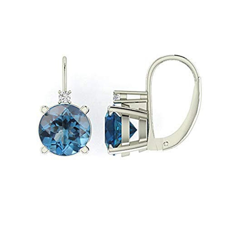 8MM Round Natural Diamond & Gemstones Leverback Earrings In 14k White London Blue Topaz image 2