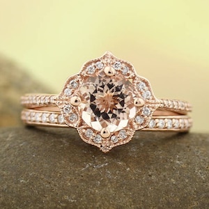AAA Morganite Engagement Ring Set  Diamond Wedding Ring Set Vintage Floral style In 14k Rose Gold Gem1224