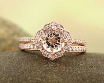 AAA Morganite Engagement Ring Set  Diamond Wedding Ring Set Vintage Floral style In 14k Rose Gold Gem1224