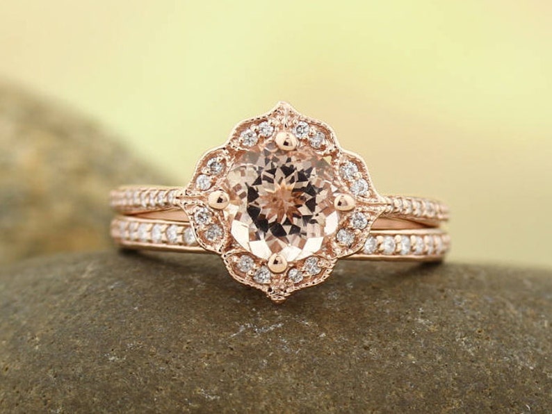 AAA Morganite Engagement Ring Set  Diamond Wedding Ring Set image 1