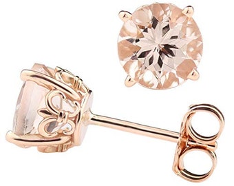 Solid 14k Rose Gold Morganite Fleur-de-lis Stud Earrings