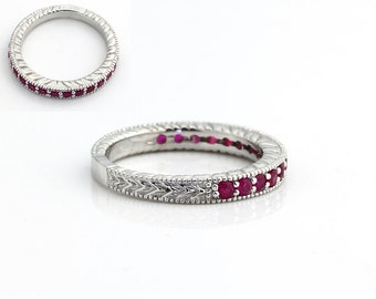 Natural Ruby  Antique wedding Band  Ring in 14k White Gold-Gem826 - Special Sale