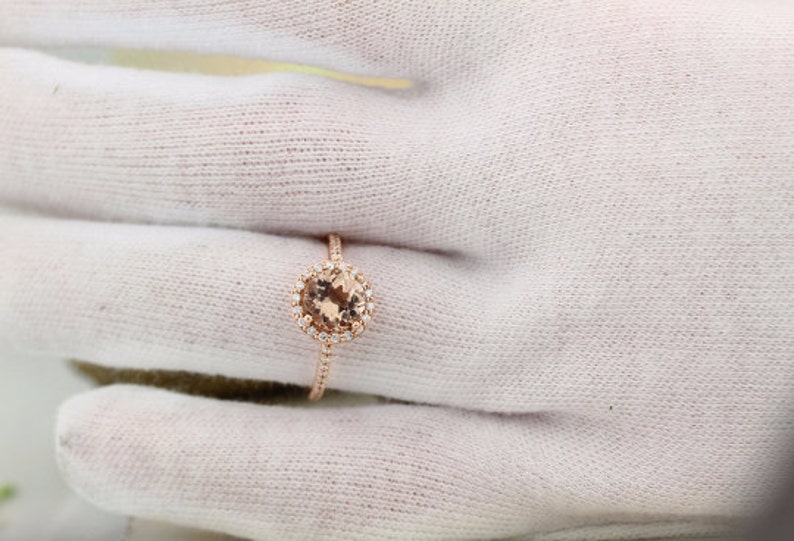 Natural Morganite Ring Set, Diamond Halo Morganite Engagement Ring in 14k Roes gold, 7mm gemstone - Gem1203 image 8