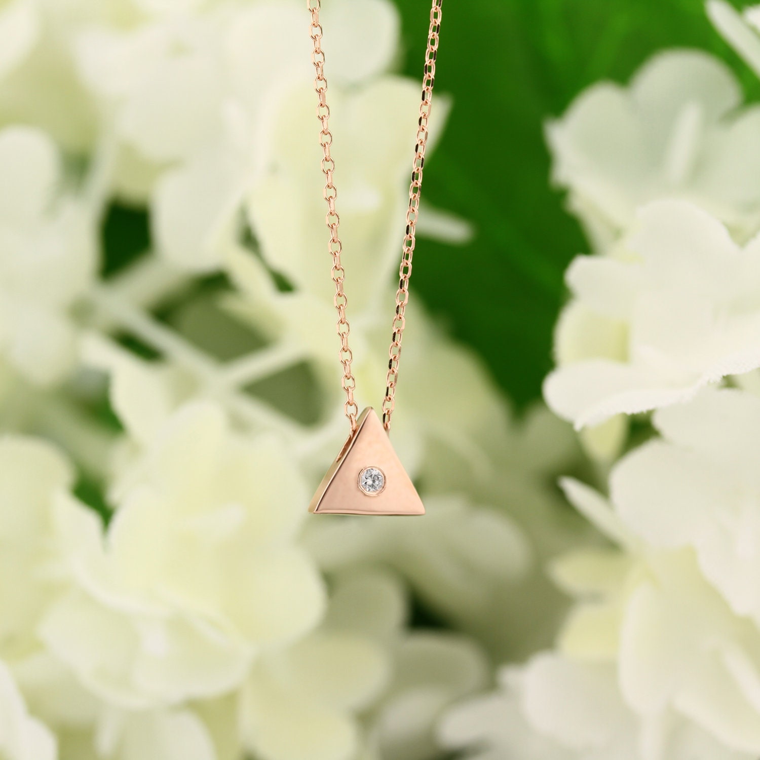 Solid 14k Rose Gold Triangle Pendant Necklace, Adjustable 16-18