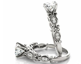 Certified Forever Brilliant Moissanite 14K White Gold Diamond  Engagement  Ring Set with Floral Design  - OV61770-1240