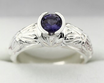 Natural 5mm Bluish Violet IOLITE Solid 14K White Gold Antique  Ring