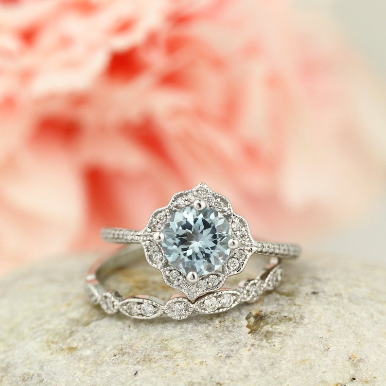 Natural Aquamarine Floral Style Engagement Ring Set Diamond - Etsy