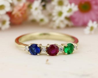 2-6 Birthstones Mother's Ring in Solid 10k, 14k White, Yellow Or Rose Gold  Custom Family Ring M51