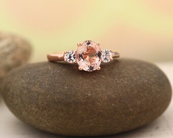 Morganite white sapphire  Solid 14K Rose Gold  engagement Ring Gem1389
