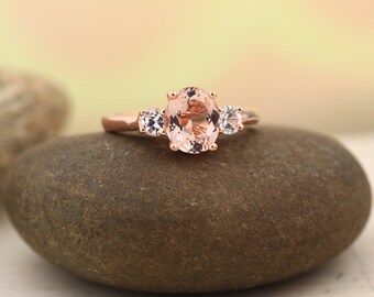 Morganite white sapphire  Solid 14K Rose Gold  engagement Ring Gem1389