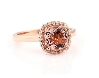 7mm Antique Cushion cut  1.55 ct  Natural  Morganite Solid 14K Rose Gold Diamond Engagement Ring - Gem843