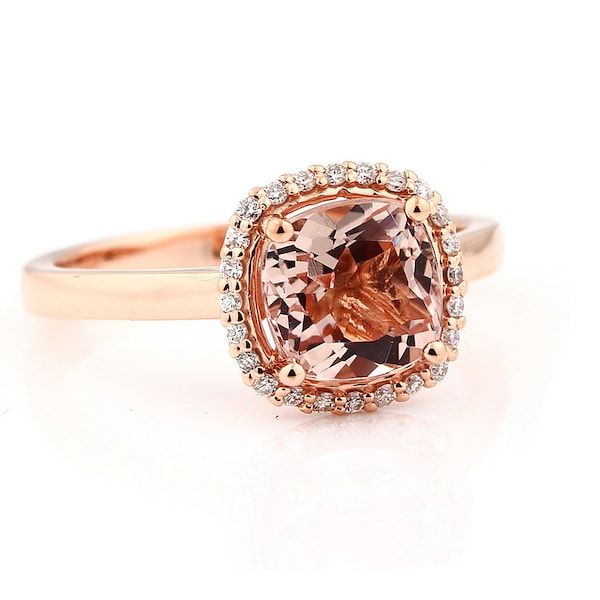 7mm Antique Cushion cut  1.55 ct  Natural  Morganite Solid 14K Rose Gold Diamond Engagement Ring - Gem843