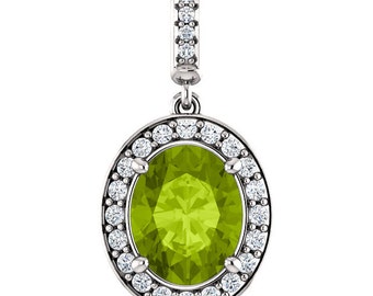 Natural  10x8mm Oval  Green Peridot Solid 14K White Gold Diamond pendant with 18" Cable chain- ST97183