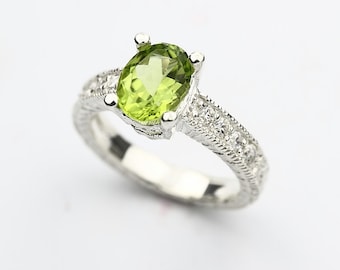 Natural Green Peridot Solid 14K White Gold antique style  Diamond Ring