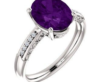 Natural Oval 10x8mm Purple Amethyst  Solid 14K White Gold Diamond engagement  Ring Set - ST233444