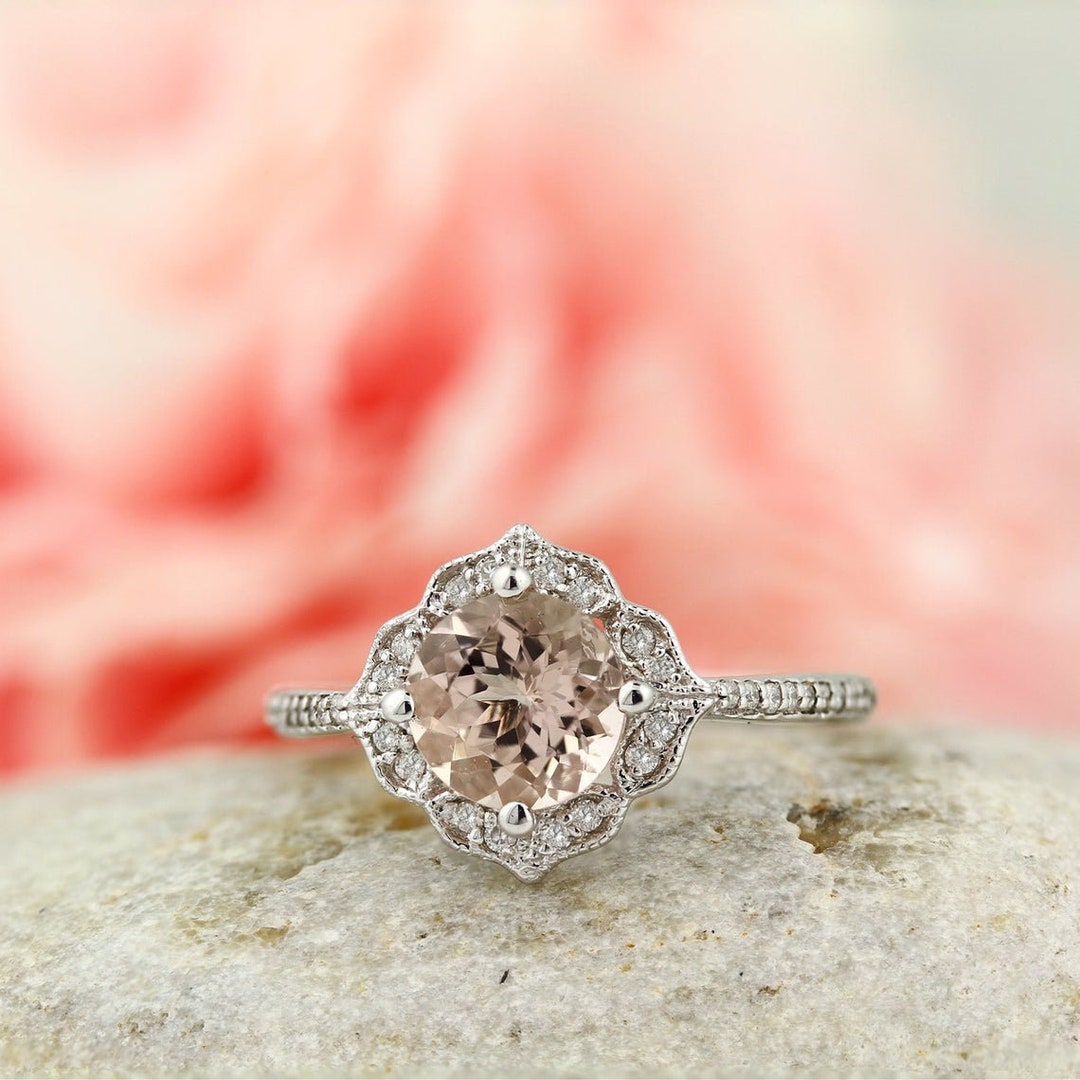 Morganite Engagement Ring Diamond Wedding Ring Vintage Floral Ring