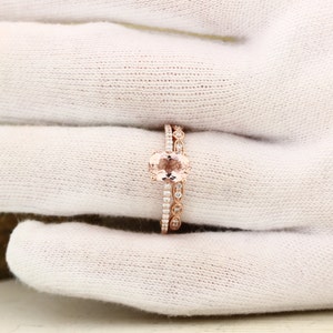 Morganite Engagement Ring Set , Diamond Wedding Ring Set with Art deco wedding band In 14k Rose Gold 8x6mm Oval Gem1403 image 4