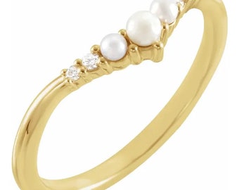 14K Yellow Pearl & .05 CTW Natural Diamond Contour  wedding ring stacking matching band Bridal set Promise Gift for women