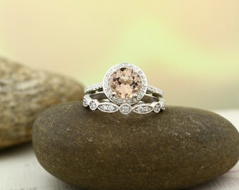 Bridal Set Floral Design AAA Morganite Wedding Set 14K White  Ring Set With Artdeco Band Gem1171 (Rose Gold Available)