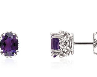 Amethyst Scroll Stud Earrings In 14K Yellow Gold, White Gold or Rose Gold.February Birthstone