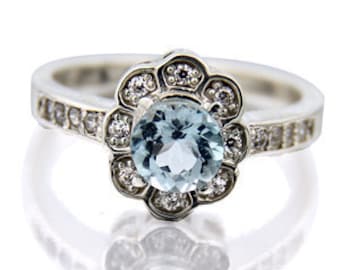 Gorgeous 6mm Sky blue  Topaz 14K White Gold Diamond Ring