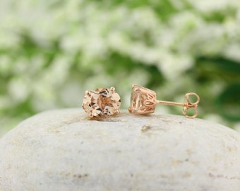 Solid 14k Rose Gold Natural Morganite Scroll Style Stud Earrings (8x6mm Oval) (rose-gold)