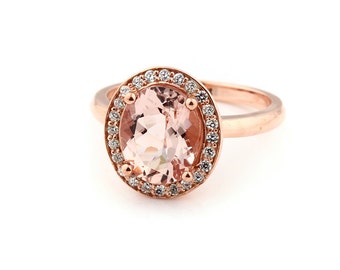 10x8mm AAA cut  1.55 ct  Natural  Morganite Solid 14K Rose Gold  Halo Diamond Engagement Ring w/ Fleur-de-lis Ring  - Gem883