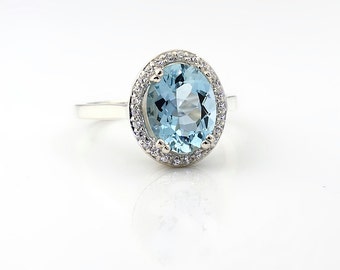 Natural AAA  10x8mm blue Aquamarine   Solid 14K White Gold Diamond engagement  Halo Ring - Gem829