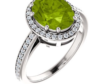 Natural 10x8mm  Green Peridot Solid 14K White Gold Diamond engagement  Halo Ring