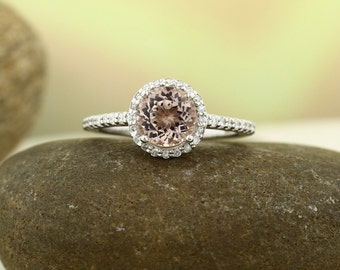 14K Morganite Ring Diamond Halo Morganite Engagement Ring, white gold, 7mm gemstone - Gem830