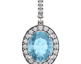 Natural  10x8mm Oval  Aquamarine Solid 14K White Gold Diamond pendant with 18" Cable chain- ST97183