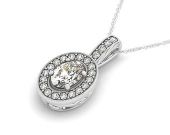 1.35ct 8x6mm Oval Forever One (GHI) Moissanite  Solid 14k white gold Antique Halo Style diamond Pendant with  18 Inch Cable chain - Ov43440