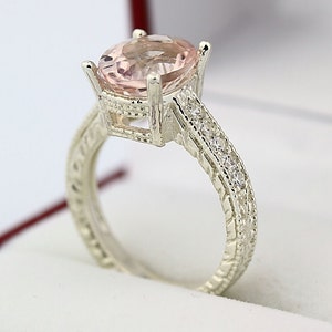 Stunning Natural Morganite Solid 14K White Gold Diamond engagement Ring-antique style image 1