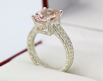 Stunning Natural Morganite  Solid 14K White Gold Diamond engagement Ring-antique style
