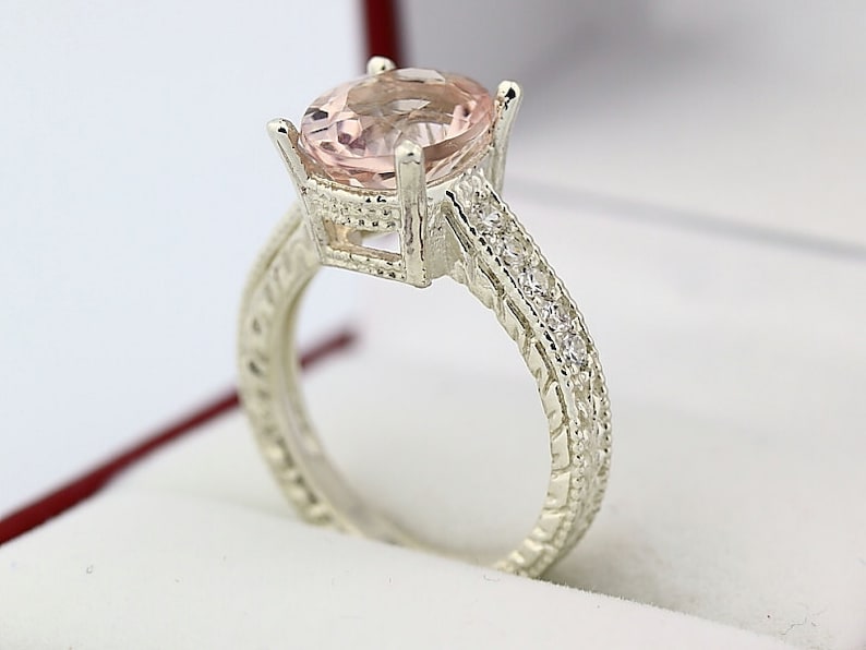 Stunning Natural Morganite Solid 14K White Gold Diamond engagement Ring-antique style image 1