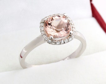 7mm Cushion   1.50  ct Natural  Morganite Solid 14K White Gold Diamond Engagement Ring - Gem843- ON SALE