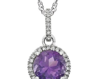 14k White Gold Diamond Amethyst Halo style Pendant Necklace, 18" ( Other Center Available)