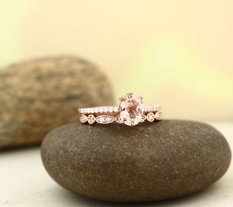 Morganite Engagement Ring Set , Diamond Wedding Ring Set with Art deco wedding band In 14k Rose Gold 8x6mm Oval Gem1403 image 1