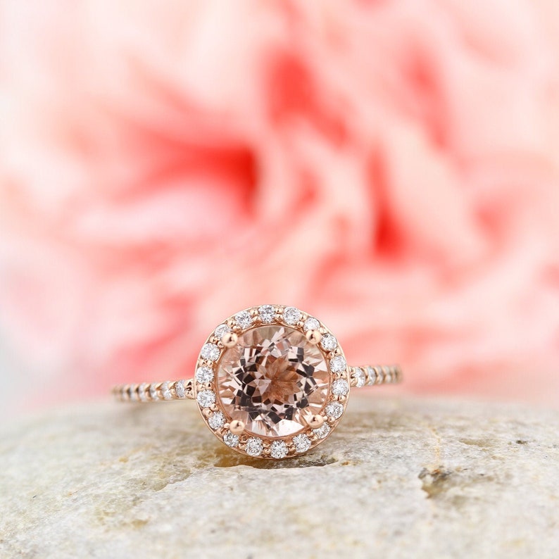 Natural Morganite Ring Set, Diamond Halo Morganite Engagement Ring in 14k Roes gold, 7mm gemstone - Gem1203 image 1