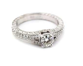 1/2ct 5mm Round Fancy  Forever One (GHI) Moissanite Diamond Art Deco Vintage Engagement Ring ENR7898