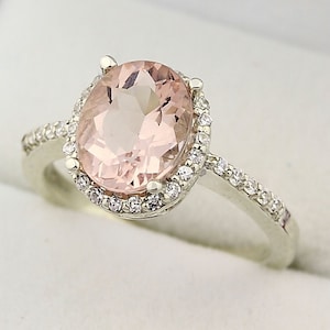 Natural 10x8mm  AAA Fancy Pink Morganite  Solid 14K White Gold Diamond Halo engagement Ring -GEM11