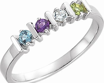 2 3 4 5 or 6 Birthstones Simple Bar Mother's Ring in Solid 10k or 14k White,  Yellow Or Rose Gold Family Jewelry ST21021