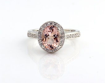 Natural Morganite  14K White Gold  Diamond Engagement Halo Ring - Gem814