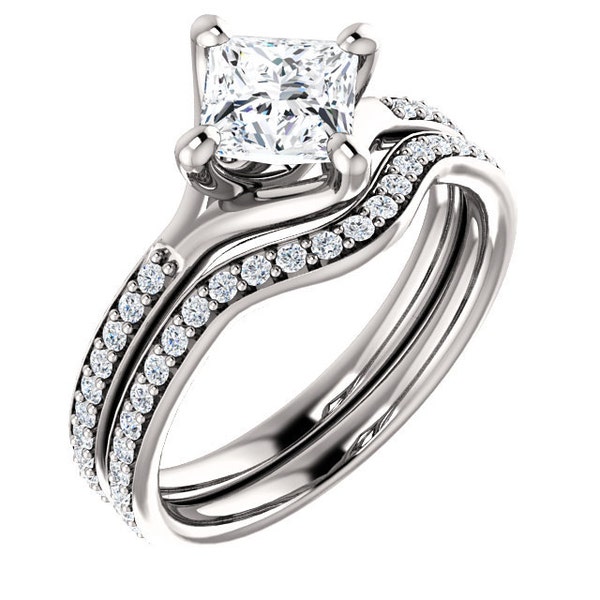 1ct Square Forever One (GHI) Moissanite  Solid 14K White Gold   Engagement  Ring Set  - ST233403