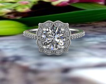IGI Certified Lab Grown Diamond Engagement Ring Set , Vintage Floral style Bridal Set  In 14k White Gold,Yellow Gold, Rose Gold