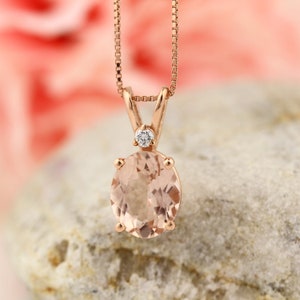 14 Karat Rose Gold Oval Shape 2.50 Carats Morganite Diamond Pendant (10x8mm Oval)