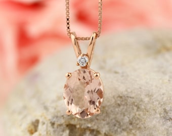 14 Karat Rose Gold Oval Shape 2.50 Carats Morganite Diamond Pendant (10x8mm Oval)