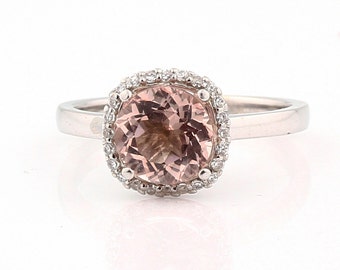 7.5mm Round 1.6 ct Natural  Morganite Solid 14K White Gold Diamond Engagement Ring - Gem843****SPECIAL****