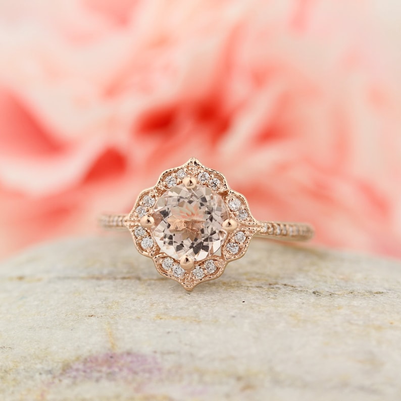 AAA Morganite Engagement Ring Diamond Wedding Ring Vintage Floral Ring In 14k Rose Gold Gem1224 image 2